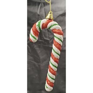 Candy Cane Ornament Red White and Green Glitter Striped 7" Tall Shatterproof